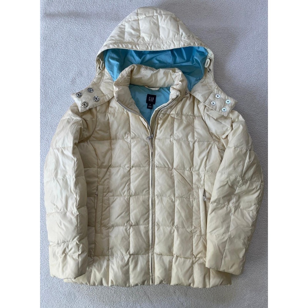 Gap Womens Medium Puffer Jacket Cream Y2K Vintage Down Filled Hooded Coat
